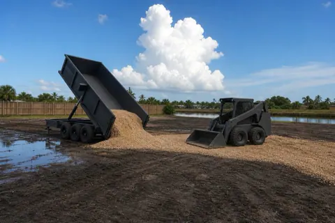 Dump trailer unloading tan shellrock at a soggy low spot on a cleared Davie parcel as a compact loader grades it out