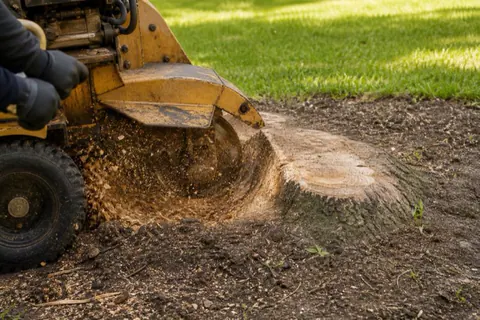 Stump grinder wheel cutting into a broad ficus stump on an older Davie acre lot, chip spray in the air over dark sandy ground